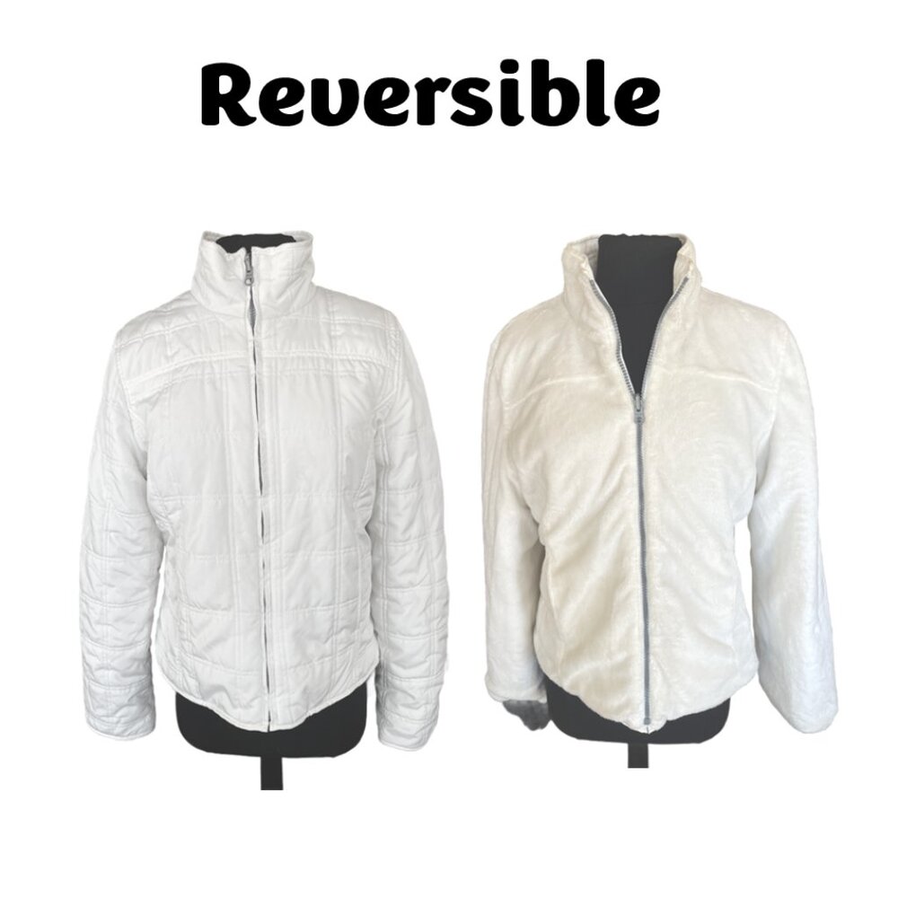 2 in 1 Reversible White Puffer and Soft Faux Fur Full Zip Winter Ski Jacket EUC